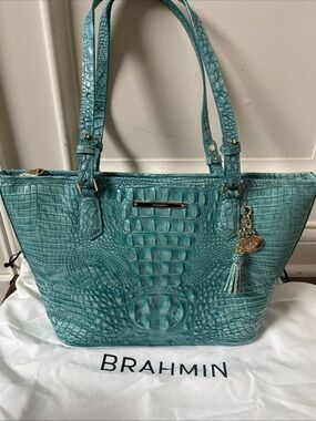 Brahmin Medium Asher Aqua Dusty Blue Melbourne Leather Bag NWOT
